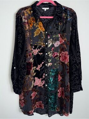 John Mark Burnout Velvet Tunic Blouse-Patchwork Prints-Semi Sheer-Size XL